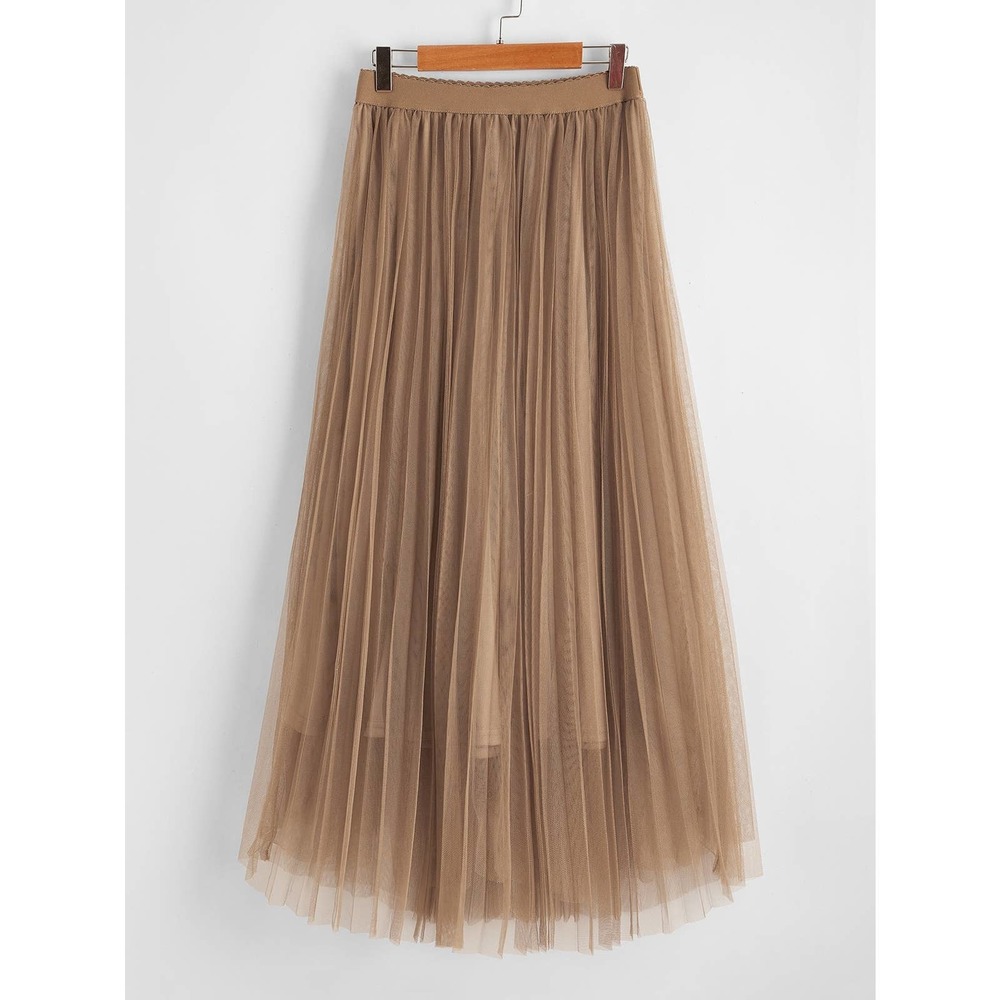 tulle tutu midi skirt Wide Waist Pleated Tulle Skirt tan brown nude - Picture 1 of 13